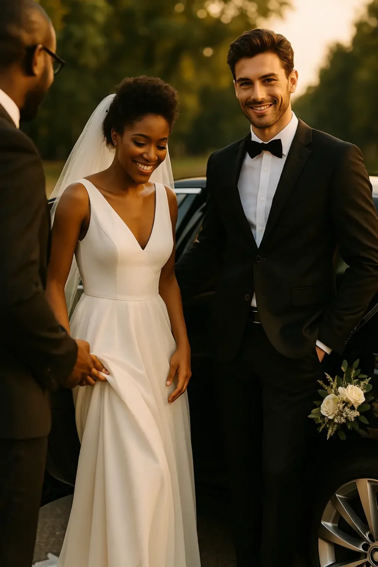 Voiture de luxe garée devant un château éclairé la nuit, convives élégants en arrière-plan – service chauffeur MJ Prestige