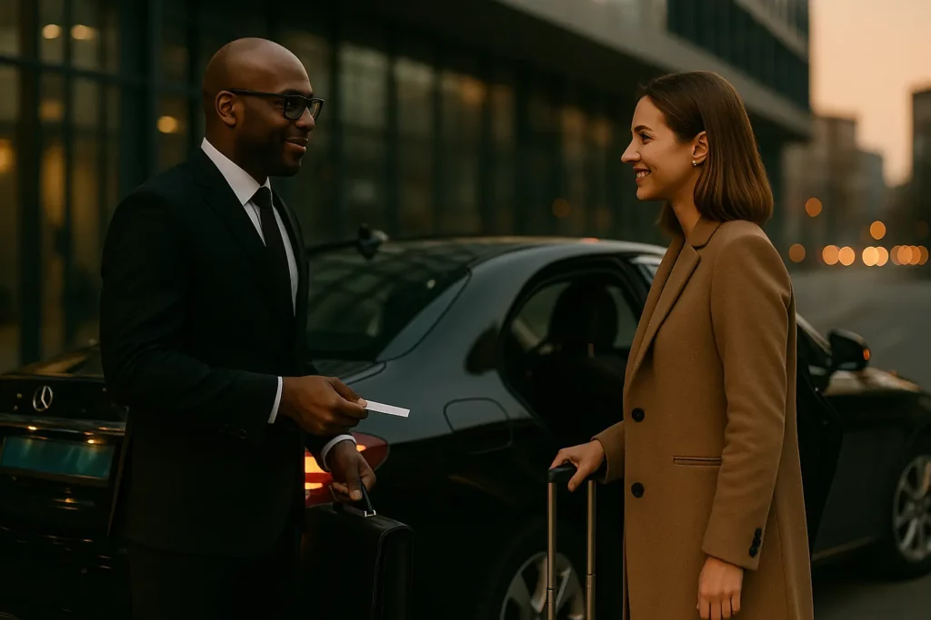Chauffeur MJ Prestige ouvre la portière d’une berline pour une cliente d’affaires, accueil business / roadshow.