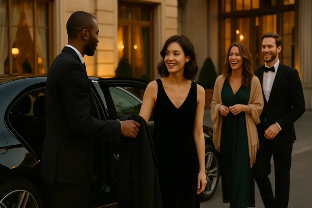 Chauffeur privé en costume accueillant des invités élégants devant un hôtel prestigieux, à leur arrivée en berline noire haut de gamme -service événementiel et mariage MJ Prestige
