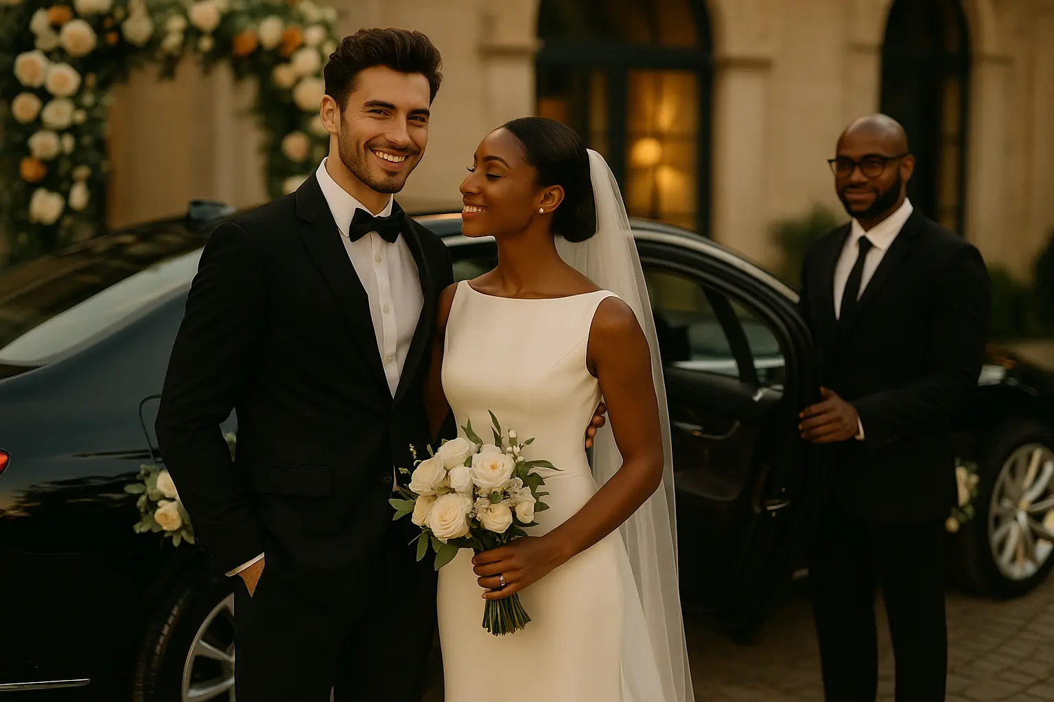 Couple de mariés souriants devant une berline noire haut de gamme — service de chauffeur privé pour mariages et événements à Rennes et dans le Grand Ouest