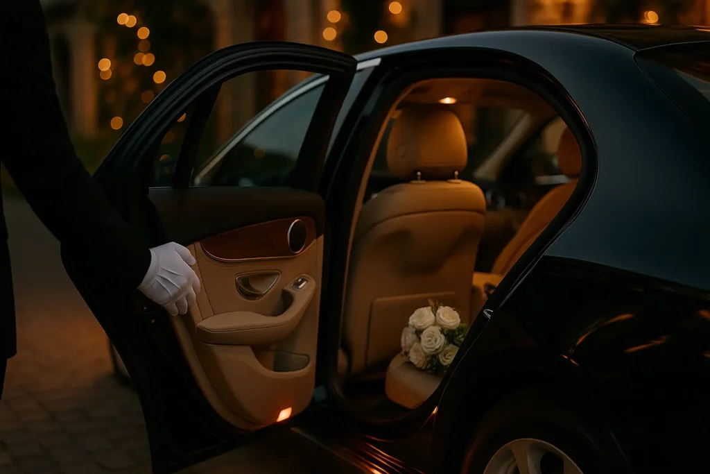 Chauffeur privé en costume aidant une invitée élégante à monter dans une berline noire, devant un hôtel illuminé après une soirée -service événementiel MJ Prestige