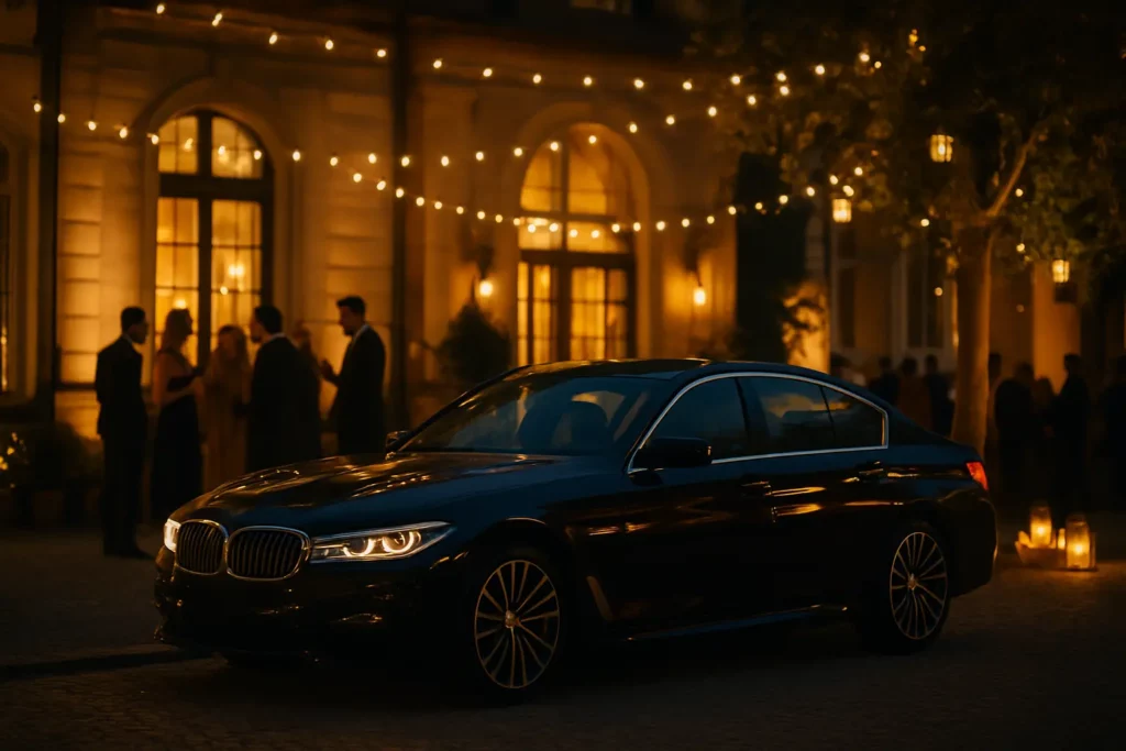 Berline noire haut de gamme stationnée devant un château éclairé la nuit, avec convives élégants floutés en arrière-plan sous des guirlandes lumineuses - service événementiel MJ Prestige