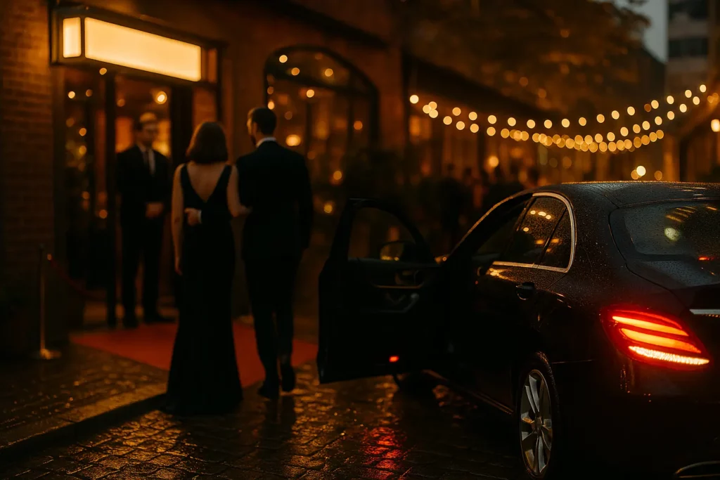 Couple en tenue de soirée monte dans une berline noire devant un lieu éclairé, service événements & soirées.