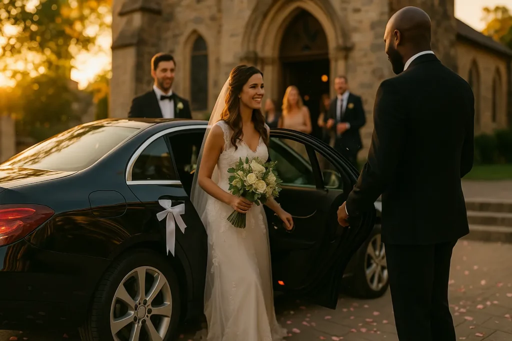 Jeunes mariés montent dans une berline décorée ; navette VIP et cortège discret pour les invités.