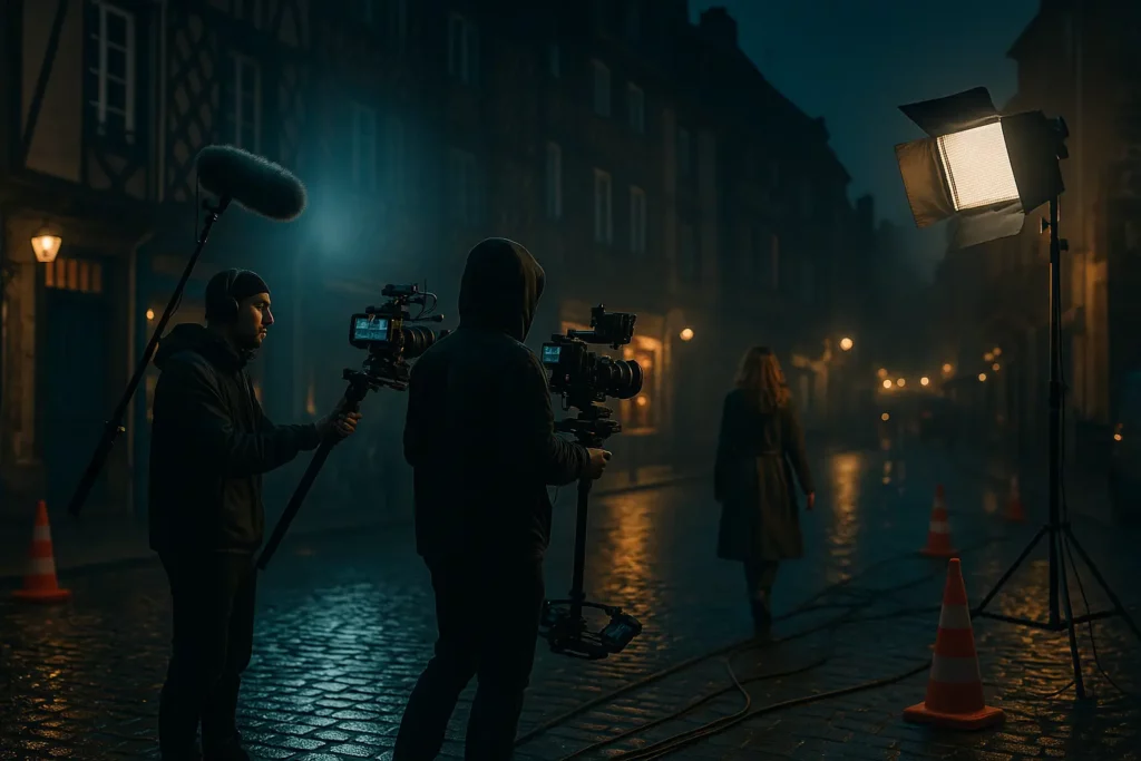 Équipe de tournage filme une scène dans une rue de Rennes, caméras et clap visibles.