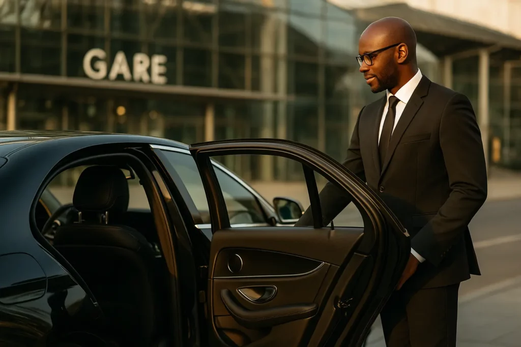 Chauffeur privé MJ Prestige ouvrant la porte d’une berline devant la gare de Rennes