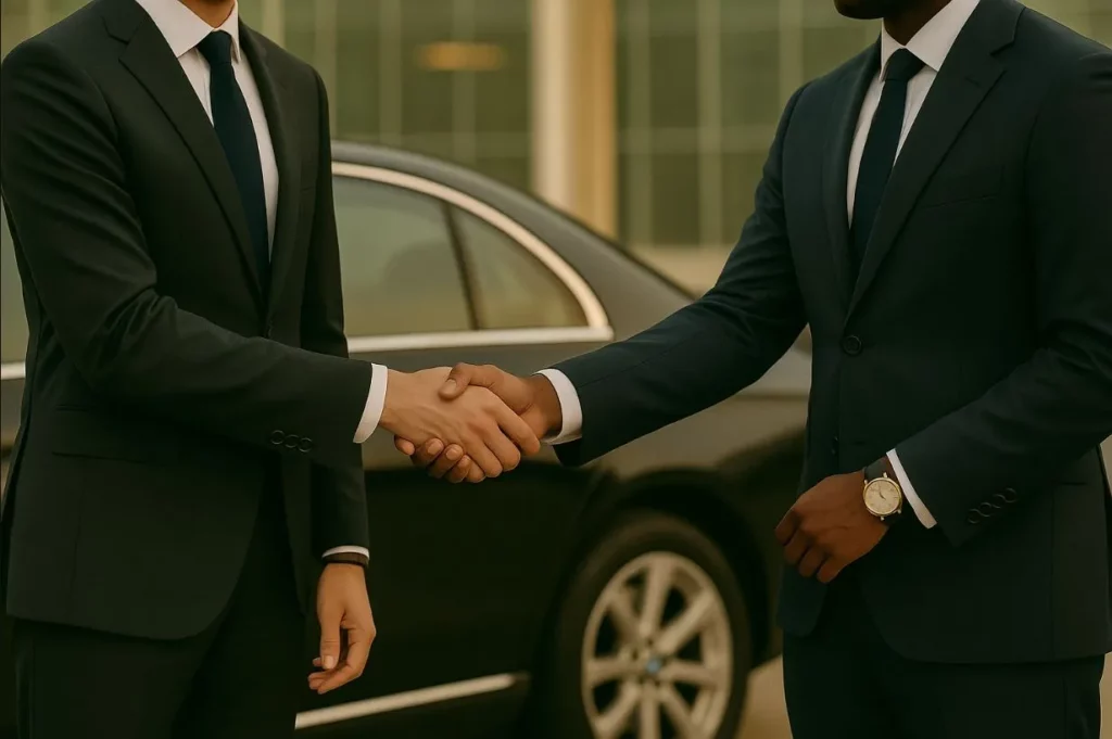Deux hommes d’affaires se serrent la main devant une berline de chauffeur privé