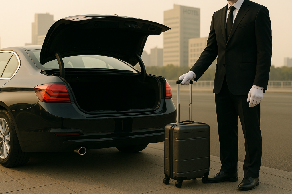 Chauffeur privé en costume chargeant la valise d’un client dans une berline