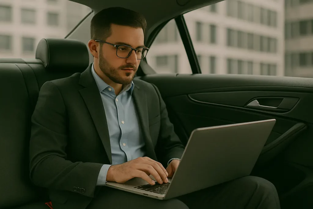 Homme d’affaires travaillant sur son ordinateur dans une voiture avec chauffeur
