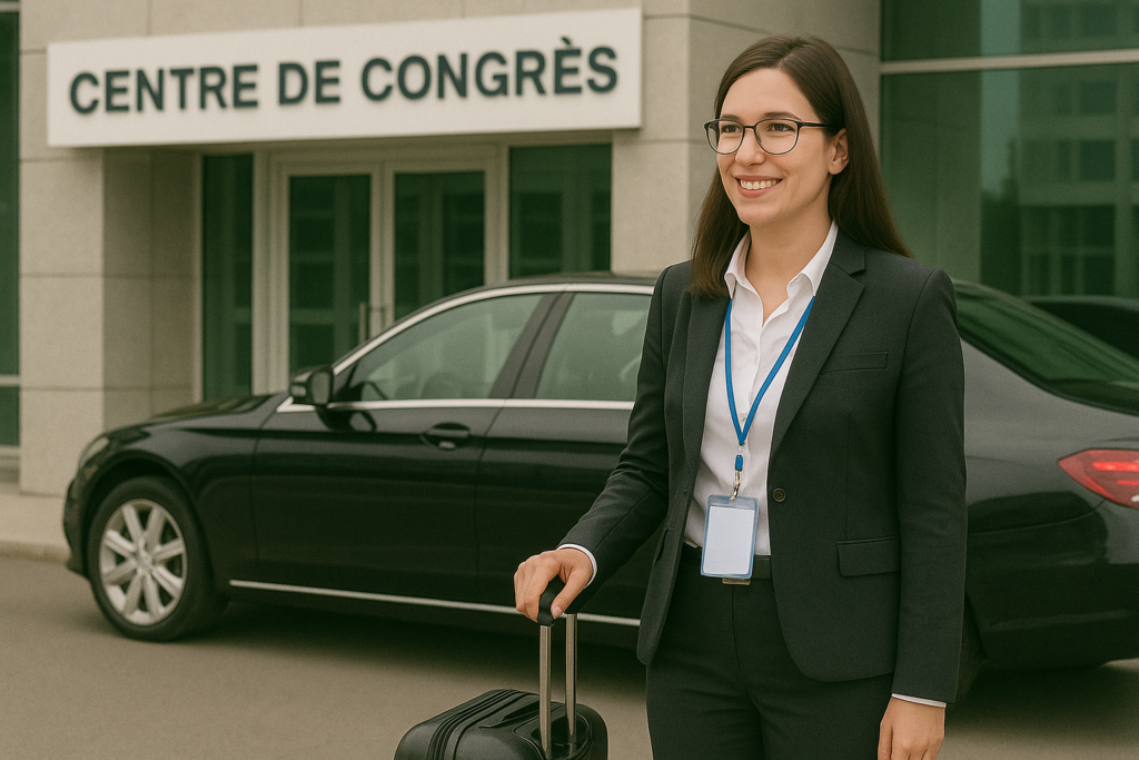 Femme d’affaires accueillie par un chauffeur devant un centre de congrès
