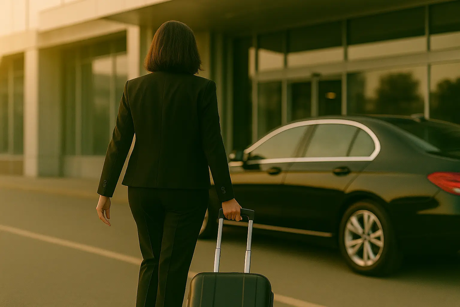 Femme d’affaires tirant sa valise vers une berline de chauffeur privé devant un bâtiment moderne