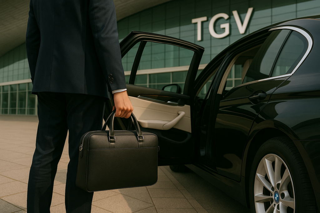 Homme d’affaires descendant d’une berline devant une gare TGV