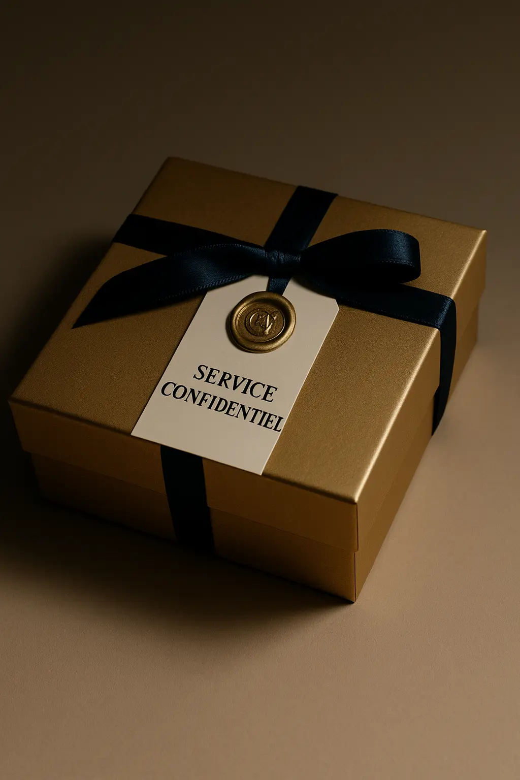 Boîte dorée élégante scellée d’un ruban bleu marine et d’un sceau doré, portant une étiquette “Service Confidentiel”, symbole du soin et de la discrétion de MJ Prestige.