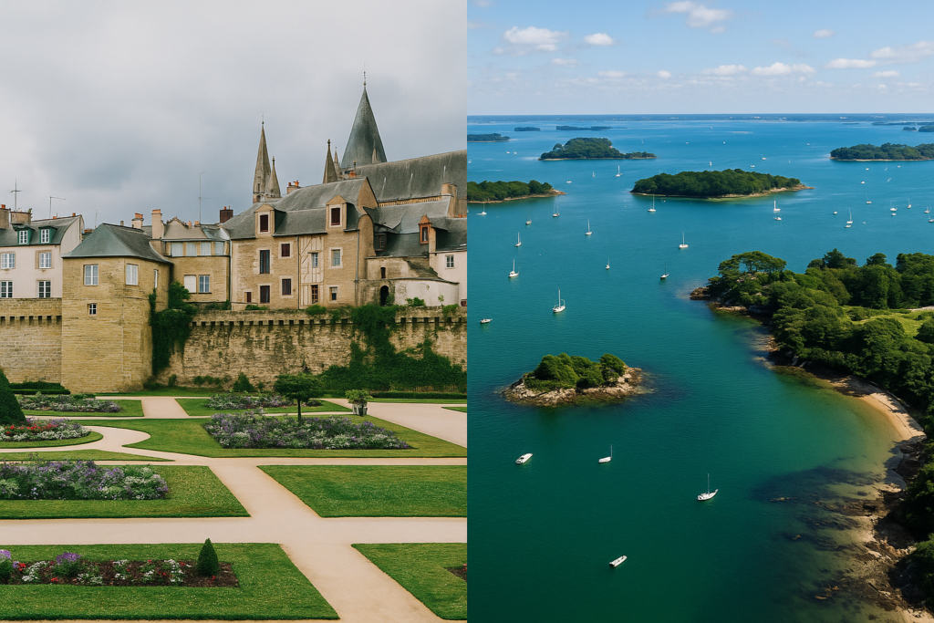 Vue des remparts et jardins de Vannes à gauche et du Golfe du Morbihan à droite, illustrant la beauté naturelle et historique de la Bretagne dans les circuits MJ Prestige.