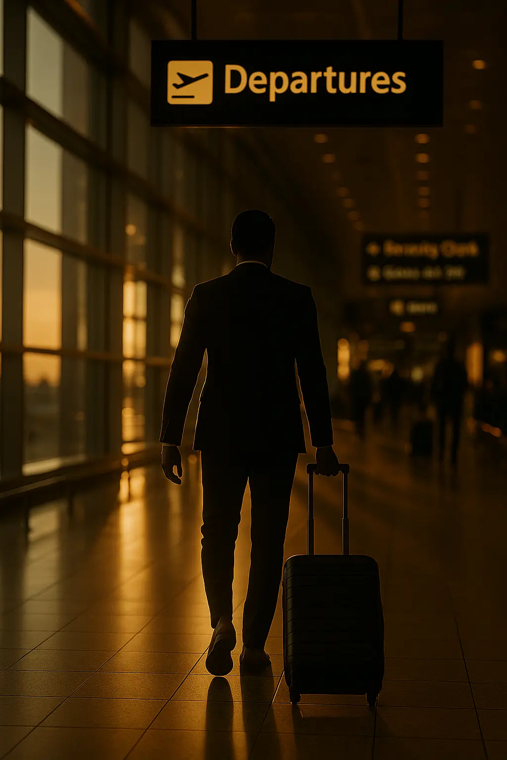 Voyageur élégant marchant dans un hall d’aéroport moderne baigné de lumière dorée, tirant une valise vers la zone des départs.