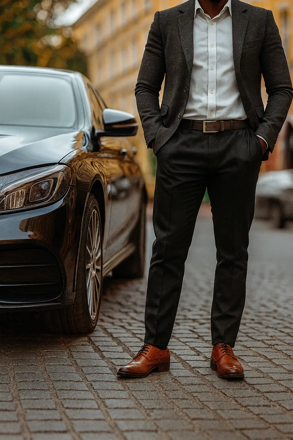 Chauffeur VTC en costume devant une berline premium (service chauffeur privé MJ Prestige)