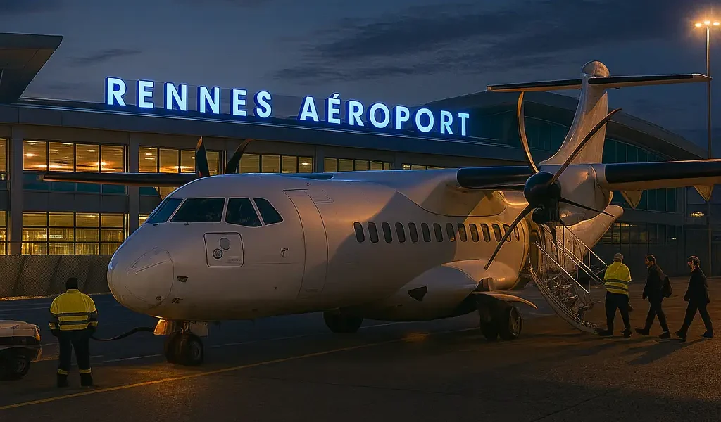 ATR 72 stationné devant le terminal principal de l’aéroport de Rennes avec enseigne lumineuse