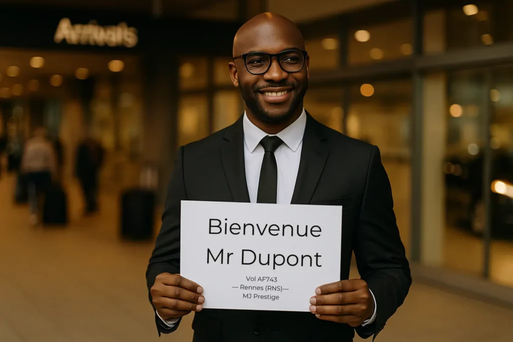Chauffeur privé MJ Prestige accueillant un client à l’aéroport de Rennes avec pancarte nominative